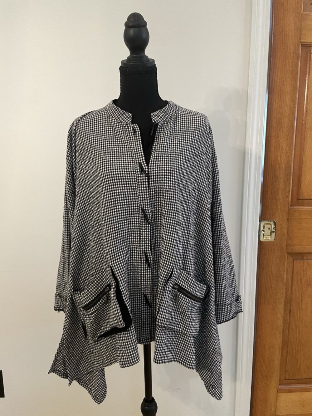 Vintage Lagenlook Black Gingham Top Artsy Blouse Lightweight Jacket Art to Wear - Picture 2 of 8